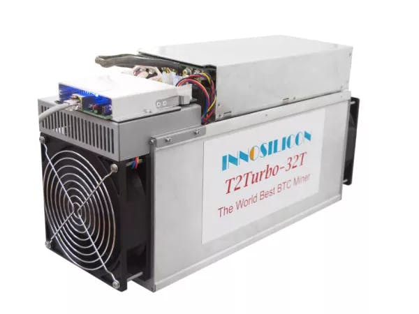 Innosilicon T2 Turbo+ (32Th) asic miner on white background
